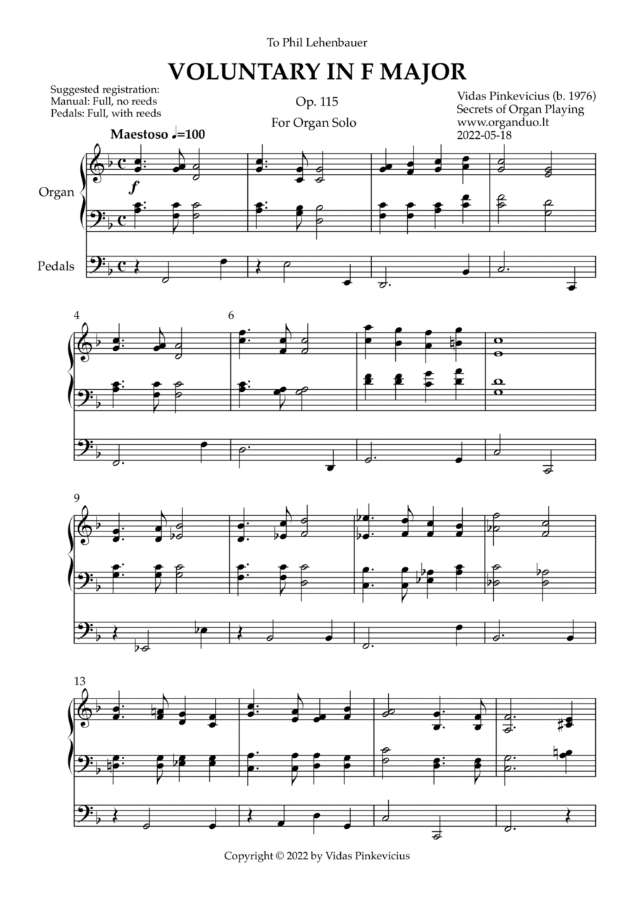 Book cover for Voluntary in F Major, Op. 115 (Organ Solo) by Vidas Pinkevicius (2022)