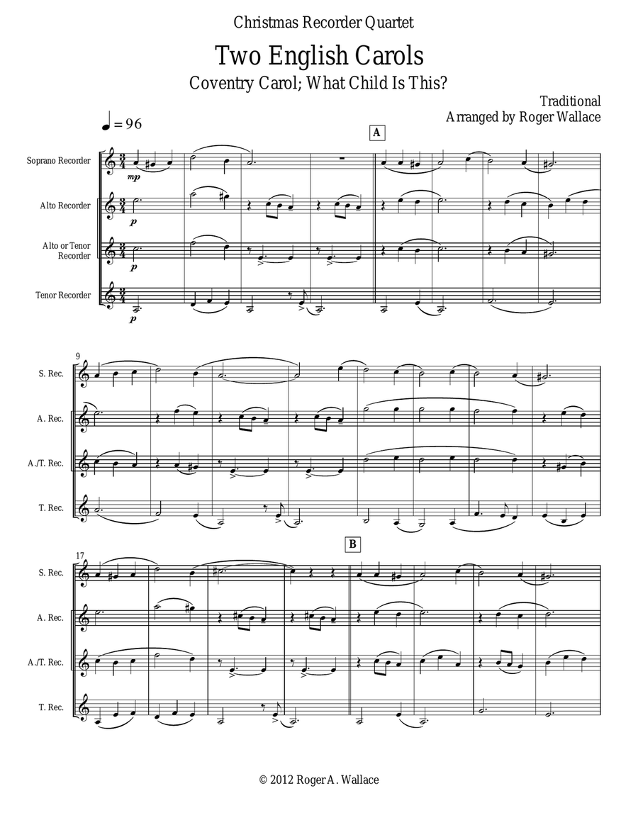Two English Carols (Coventry Carol; What Child Is This?) - Recorder Quartet Soprano Recorder scores gallery preview page 1