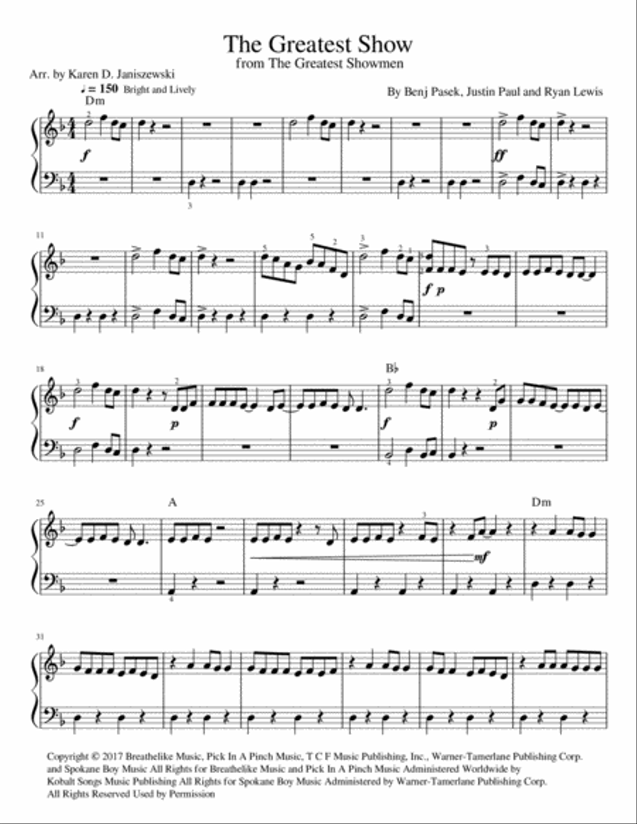 The Greatest Show Easy Piano scores gallery preview page 1