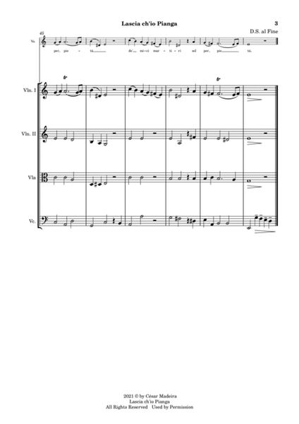 Lascia Ch'Io Pianga for Voice and String Quartet - C Major (Full Score and Parts) image number null