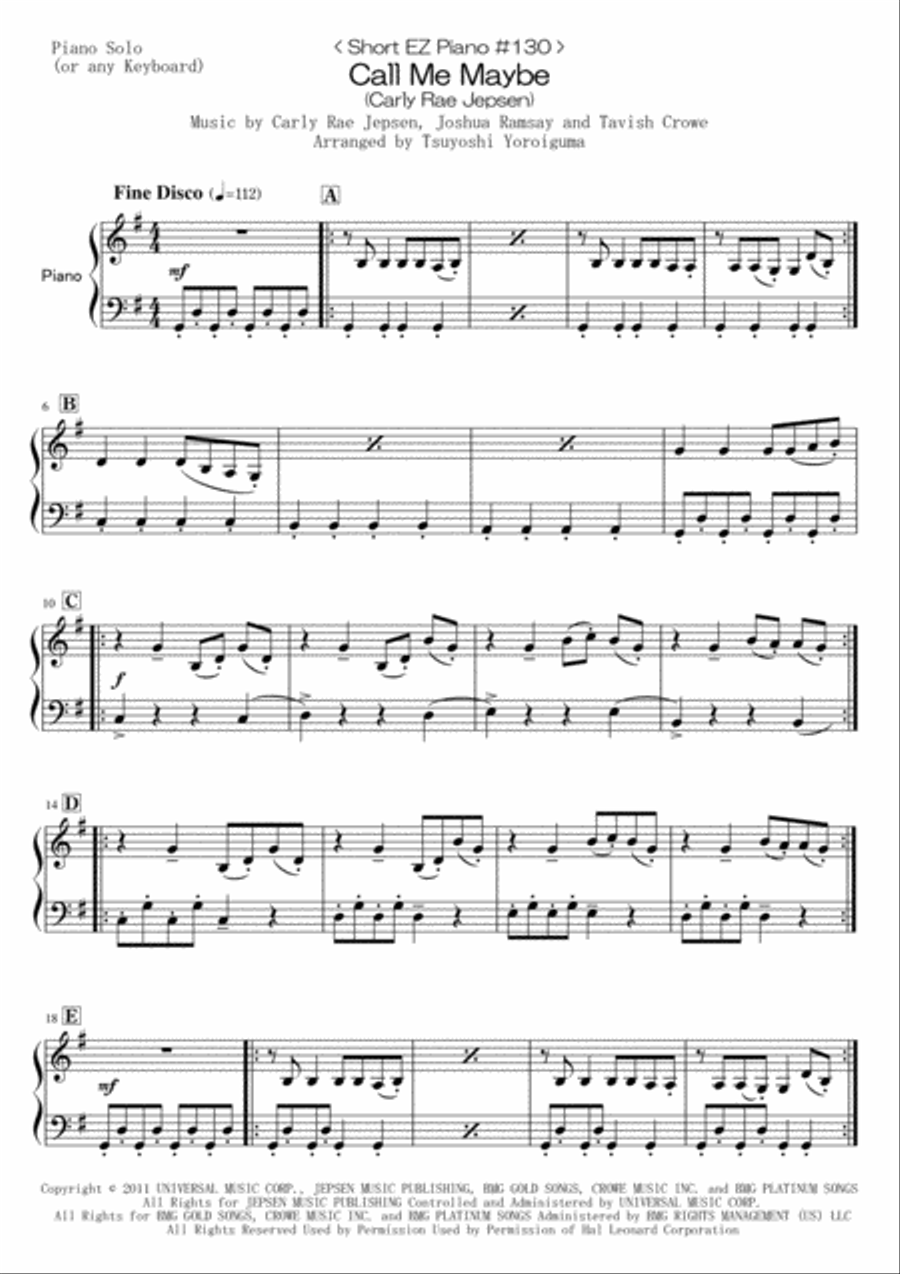 Call Me Maybe Call Me Maybe Easy Piano scores gallery preview page 1