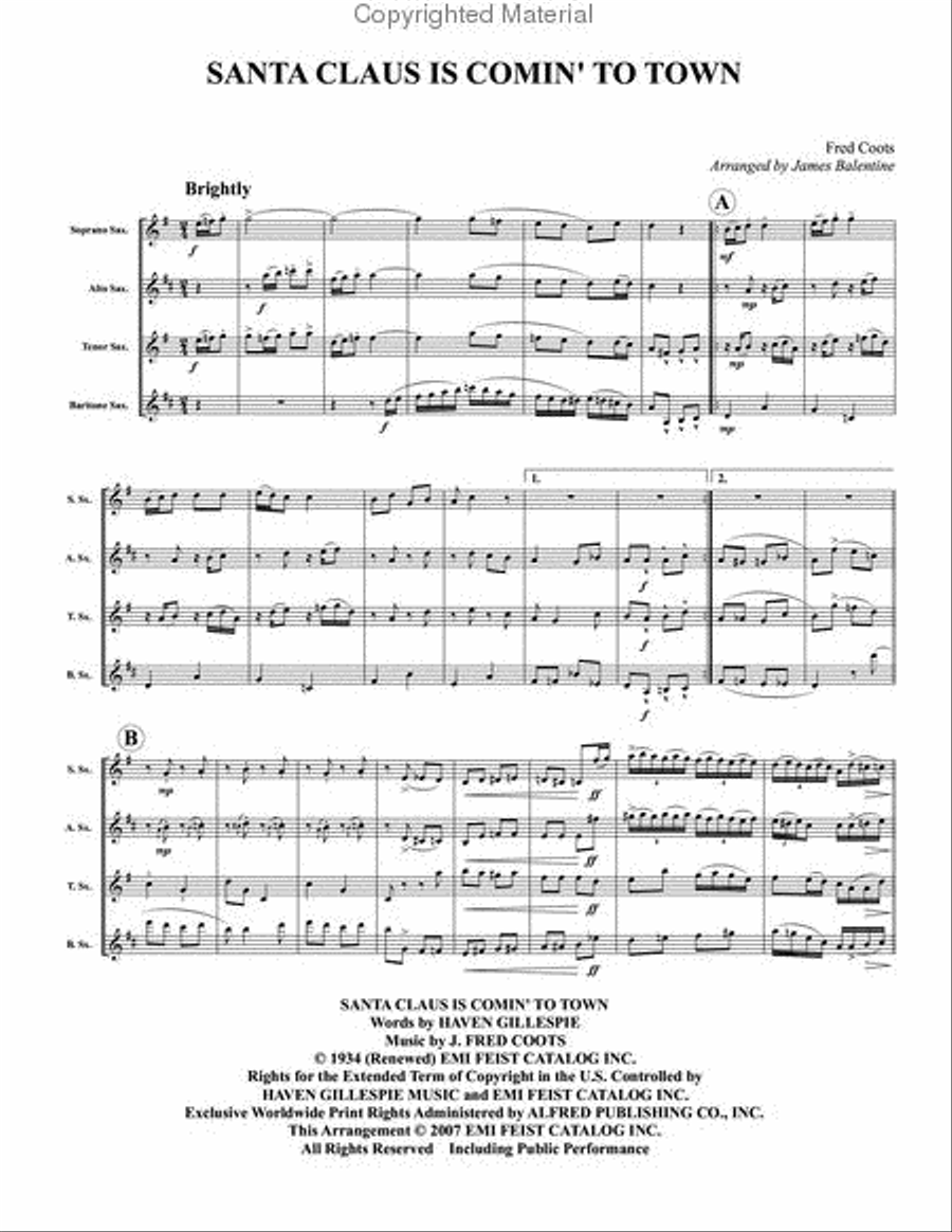 Santa Claus in Comin' to Town Saxophone Quartet scores gallery preview page 2