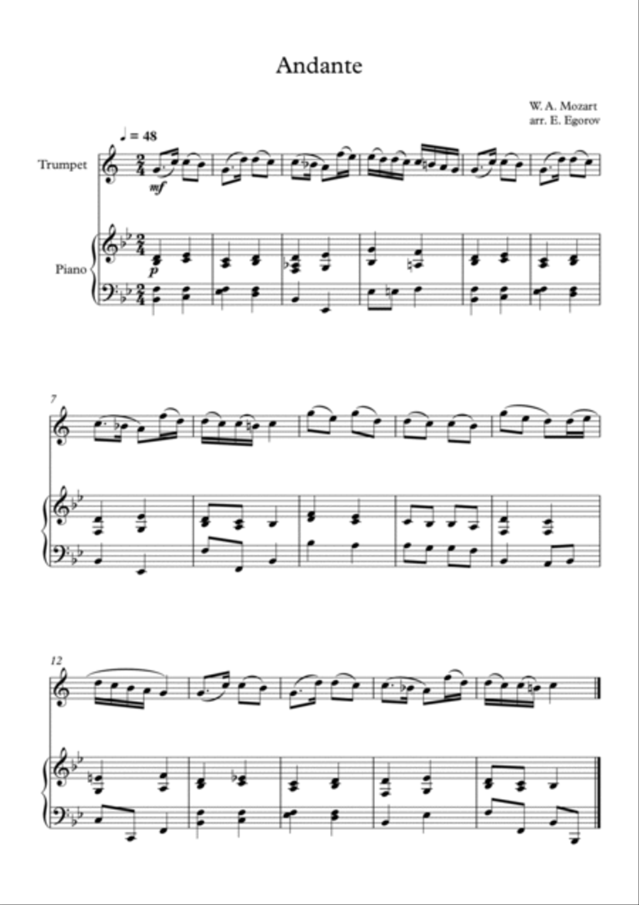 Andante (In Eb Major), Wolfgang Amadeus Mozart, For Trumpet & Piano Trumpet Solo scores gallery preview page 1