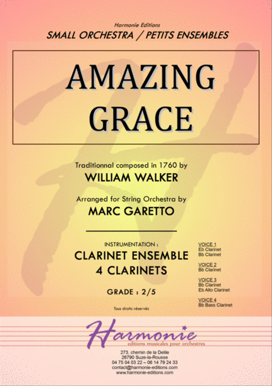 AMAZING GRACE - Traditionnal - for CLARINET Quartet - Arranged by Marc Garetto Clarinet Quartet scores gallery preview page 1