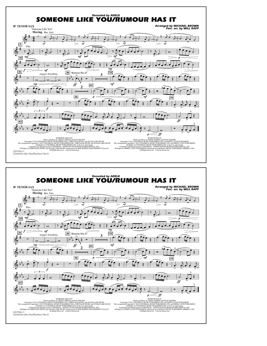 Someone Like You/Rumour Has It - Bb Tenor Sax Marching Band scores gallery preview page 1
