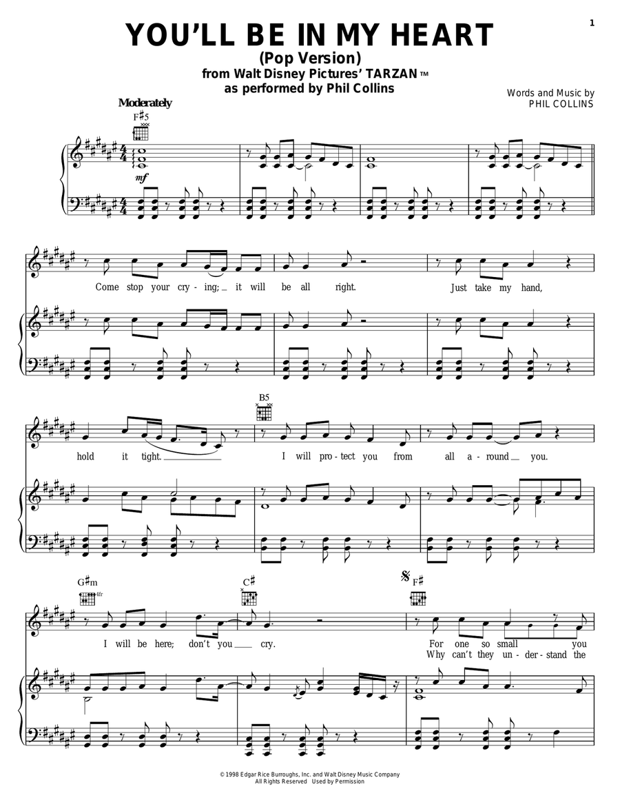 You'll Be In My Heart (Pop Version) (from Tarzan) Piano, Vocal, Guitar scores gallery preview page 1