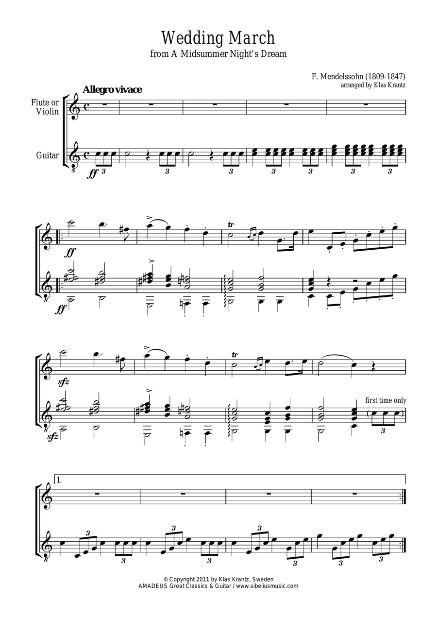 Wedding March for flute or violin and guitar Flute scores gallery preview page 1