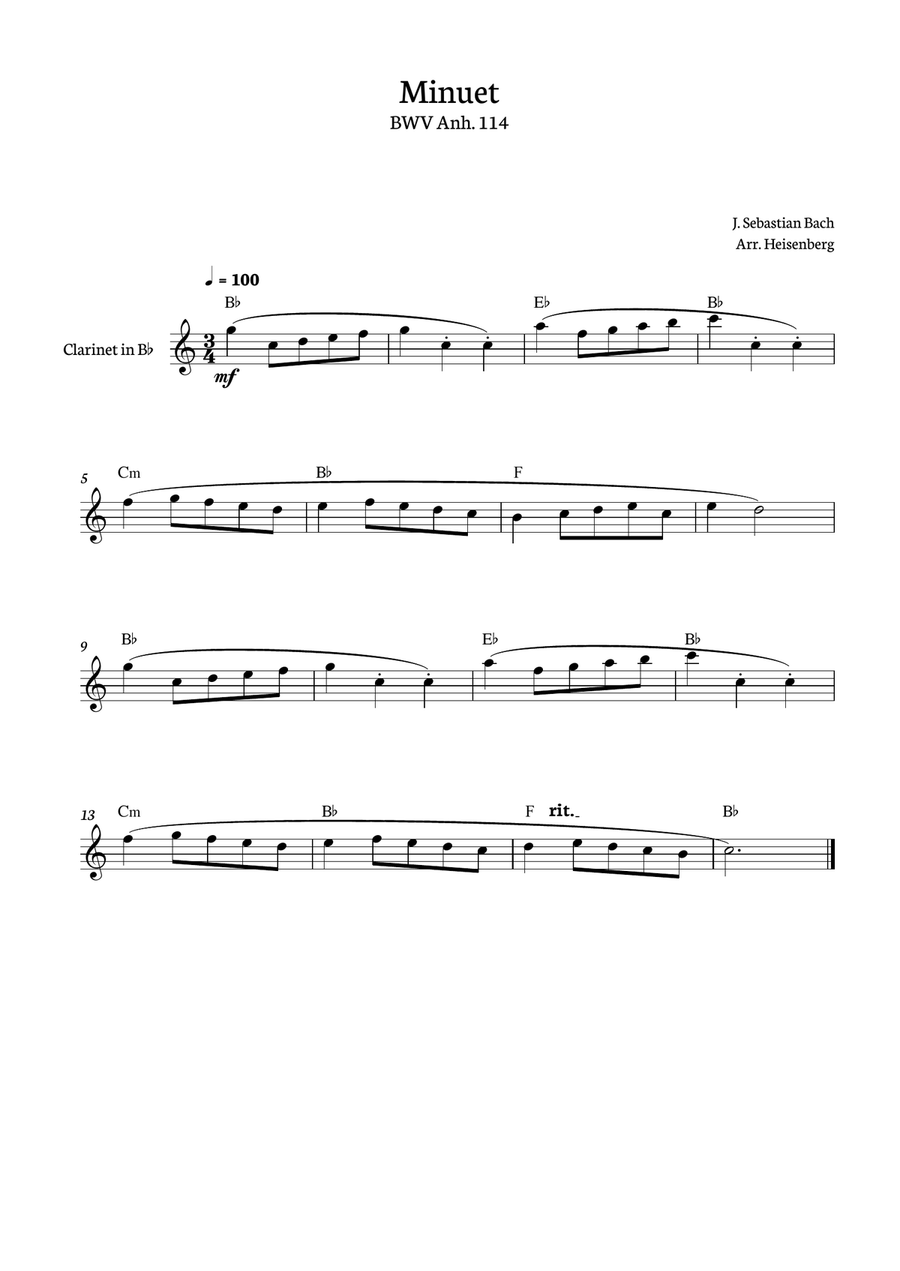 Minuet - Bach for Clarinete solo B-Flat Clarinet scores gallery preview page 1