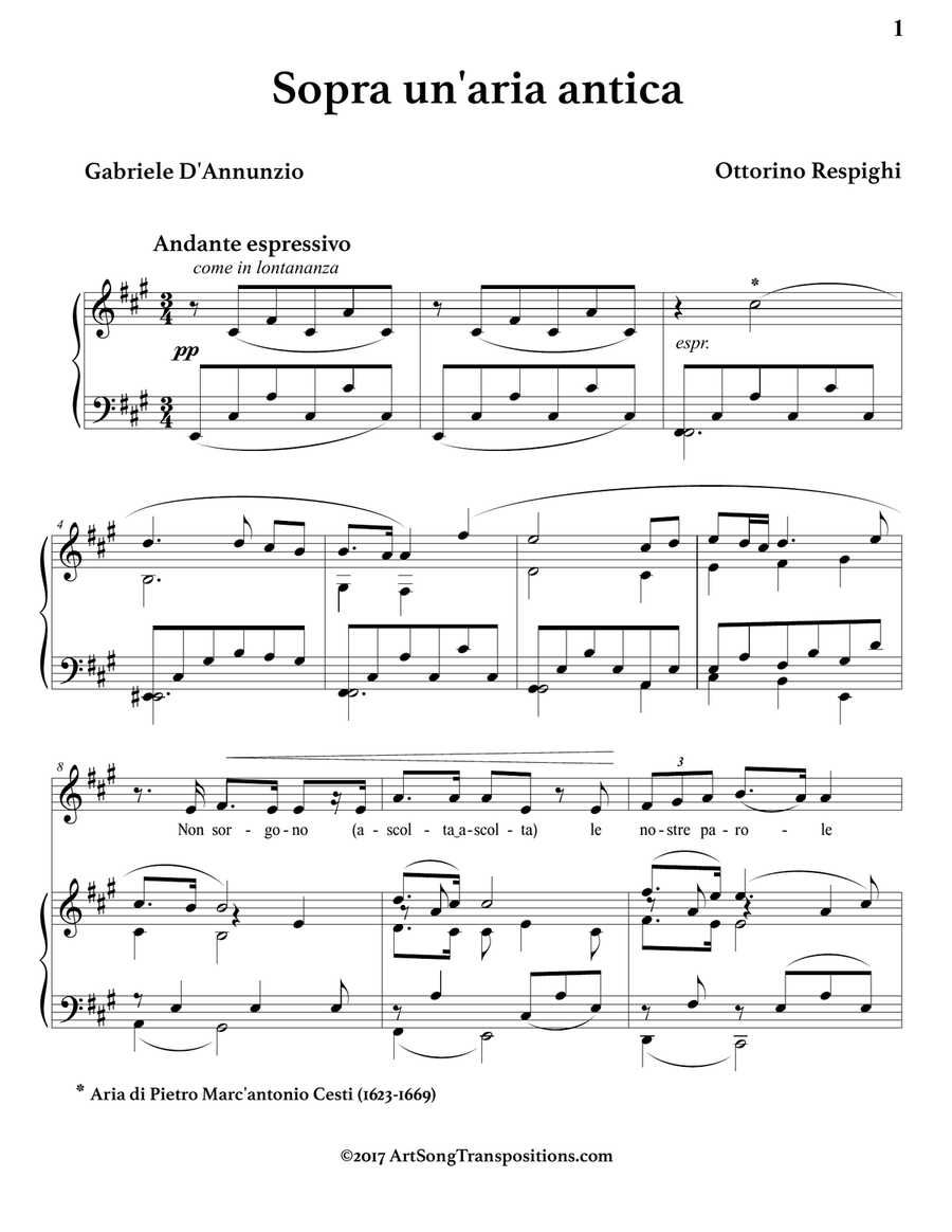 RESPIGHI: Sopra un'aria antica (transposed to F-sharp minor) Piano, Vocal scores gallery preview page 2