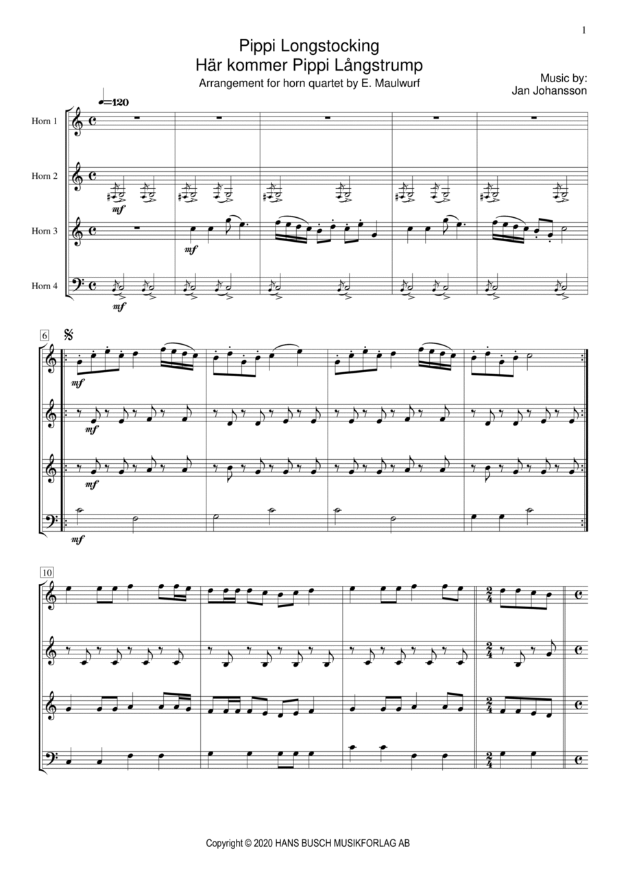 Here Comes Pippi Longstocking Brass Quartet scores gallery preview page 1