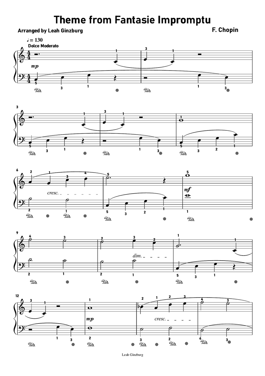 Fantasie Impromptu op. 66 by Frédéric Chopin (Easy version in C Major) Easy Piano scores gallery preview page 1