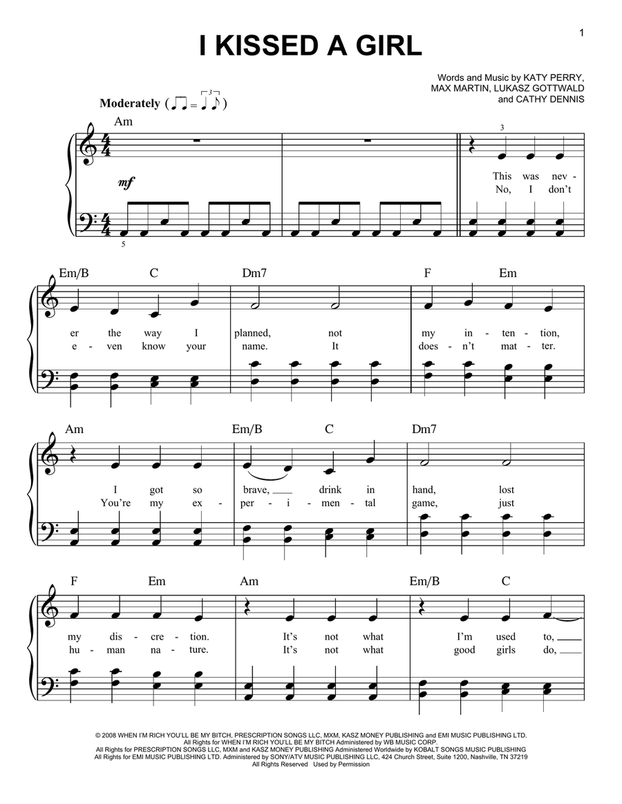 I Kissed A Girl I Kissed A Girl Easy Piano scores gallery preview page 1