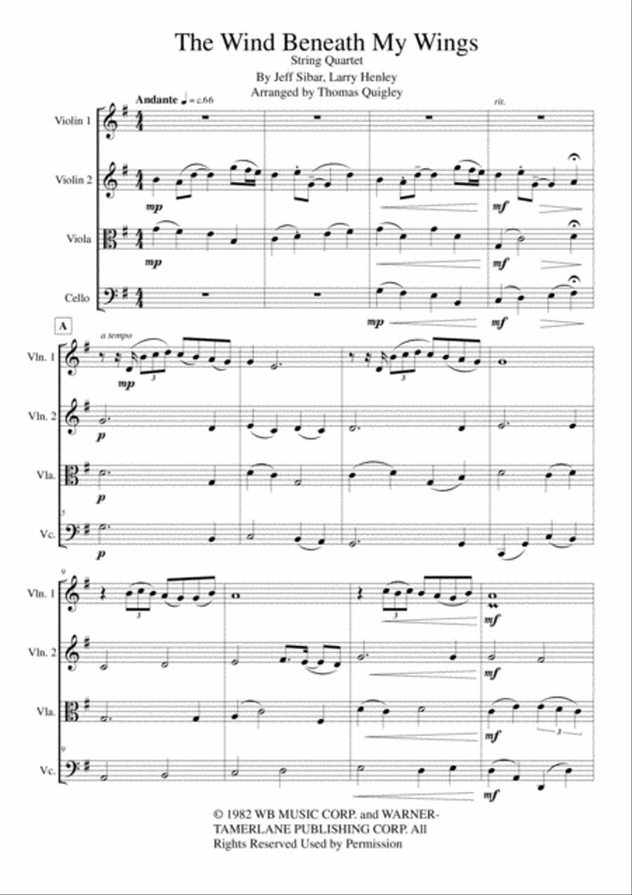 The Wind Beneath My Wings String Quartet scores gallery preview page 2