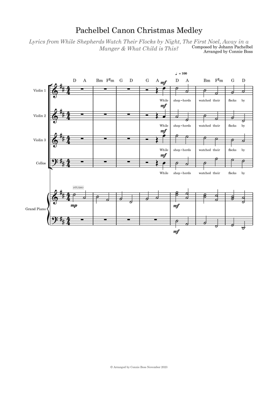 Pachelbel Canon with optional Christmas Medley lyrics strings quartet and piano Piano Quartet scores gallery preview page 1