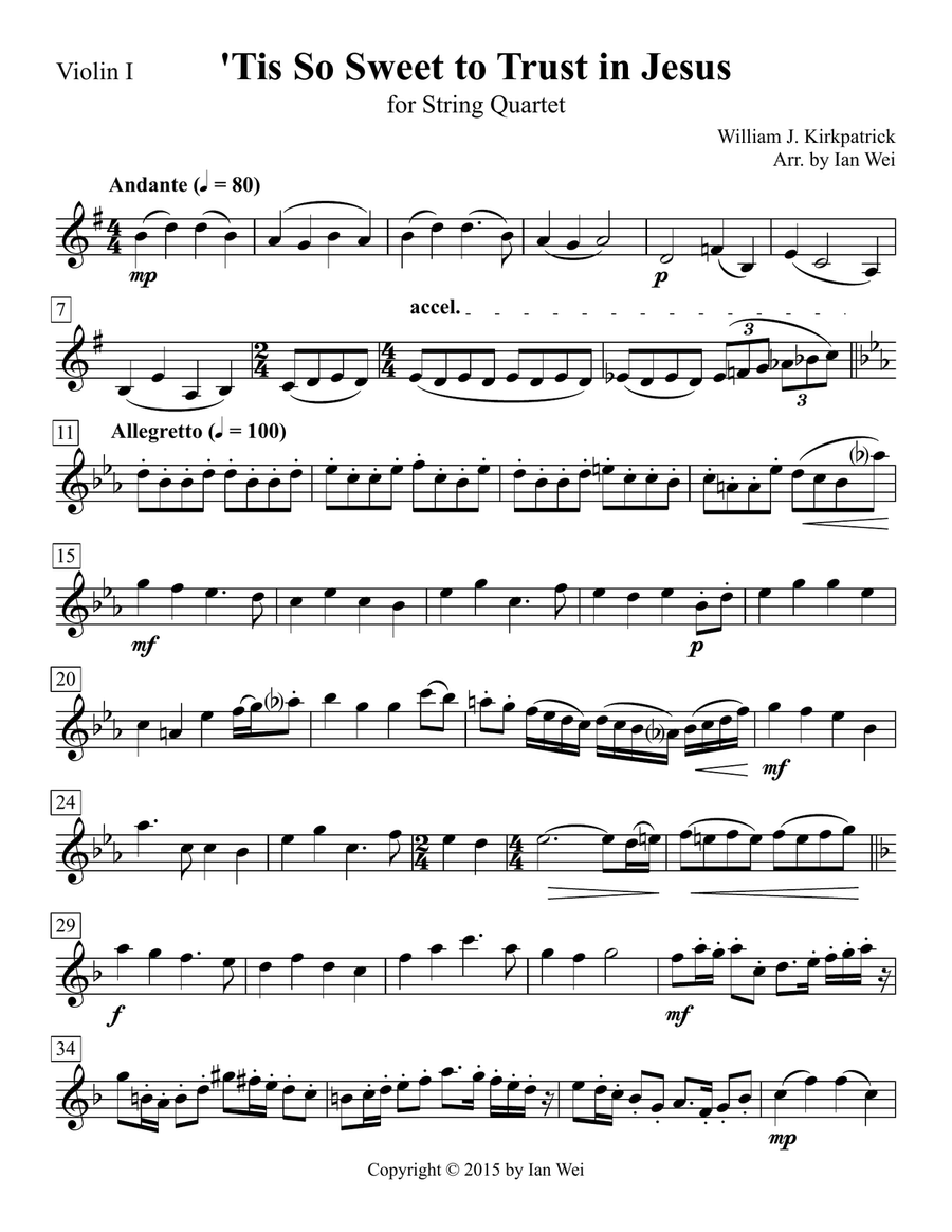 'Tis So Sweet to Trust in Jesus for String Quartet String Quartet scores gallery preview page 1