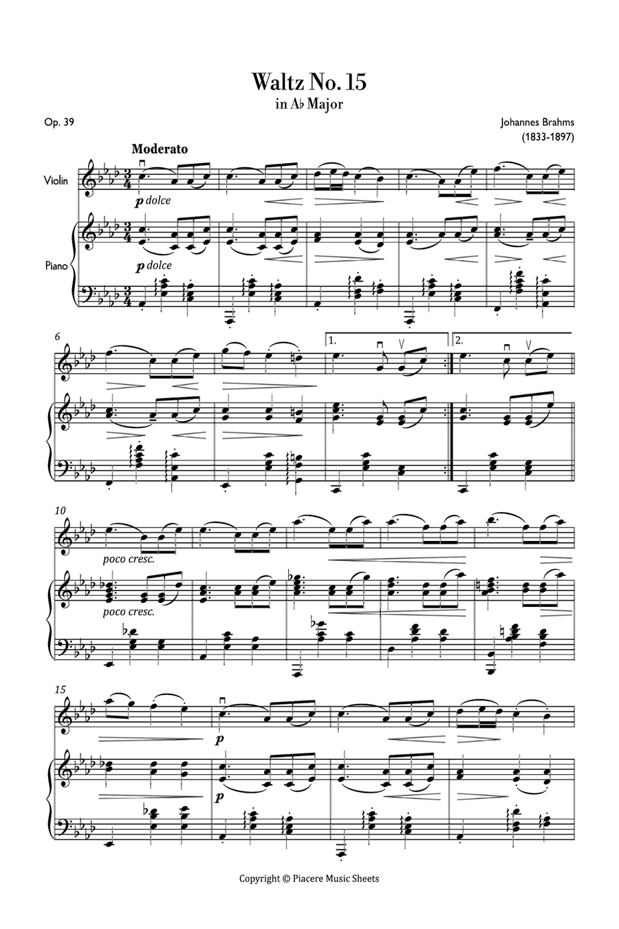 J. Brahms - Waltz No. 15 in A-flat Major - Intermediate Violin Solo scores gallery preview page 2