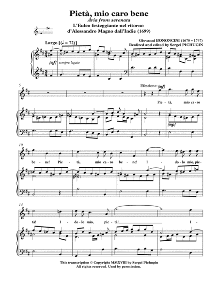 BONONCINI Giovanni: Pieta, mio caro bene, aria from the serenata, arranged for Voice and Piano (B mi image number null