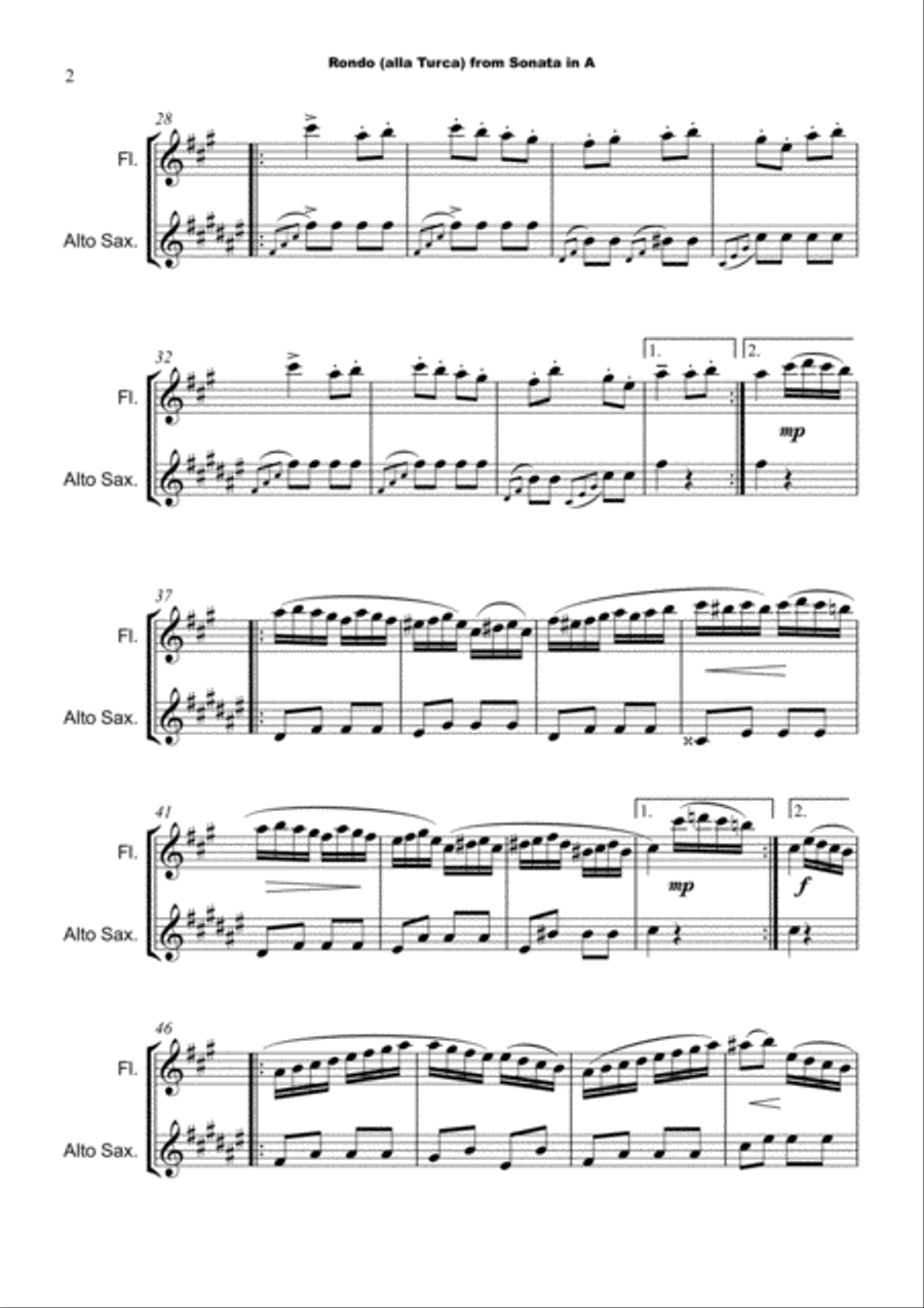Rondo Alla Turca, W A Mozart, Flute and Alto Saxophone Duet.﻿ Woodwind Duet scores gallery preview page 3