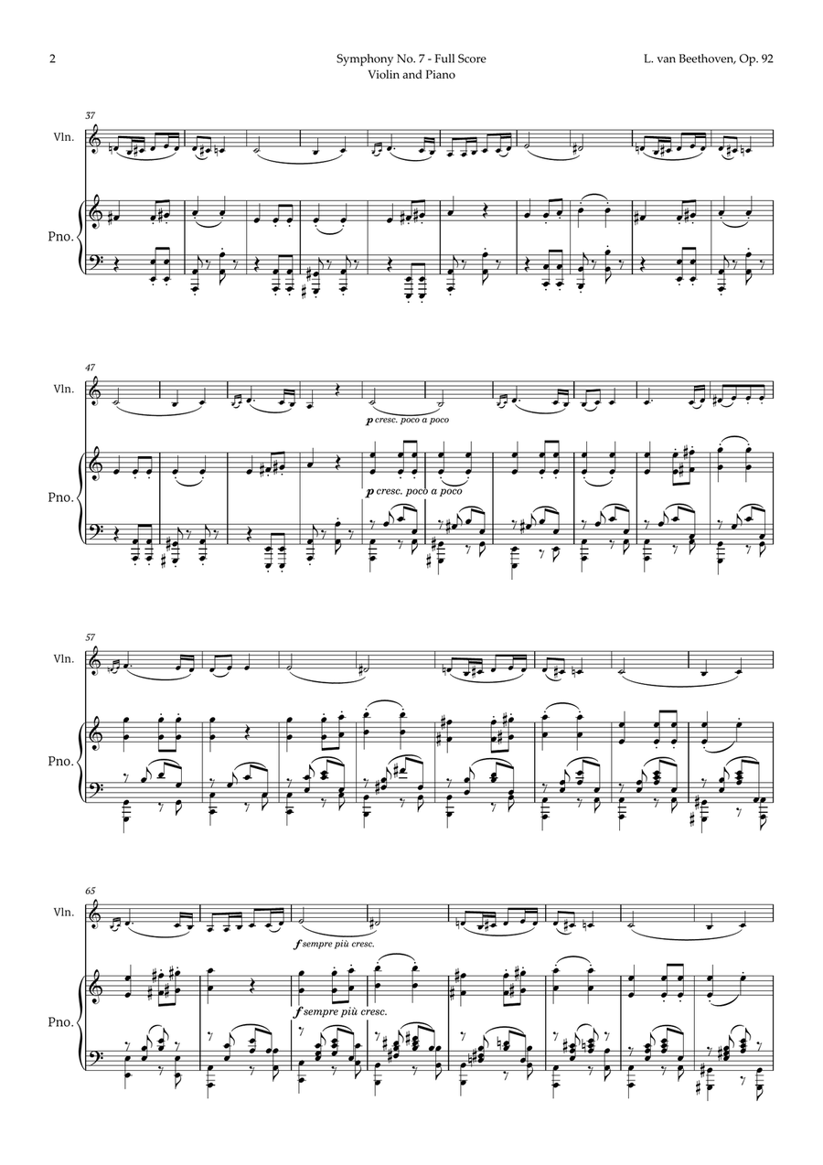 2nd Movement of Symphony No. 7 by Beethoven for Violin and Piano Violin Solo scores gallery preview page 2