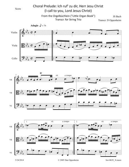 Bach: Prelude: "Ich ruf' zu dir, Herr Jesu Christ" (BWV 639) arranged for String Trio image number null