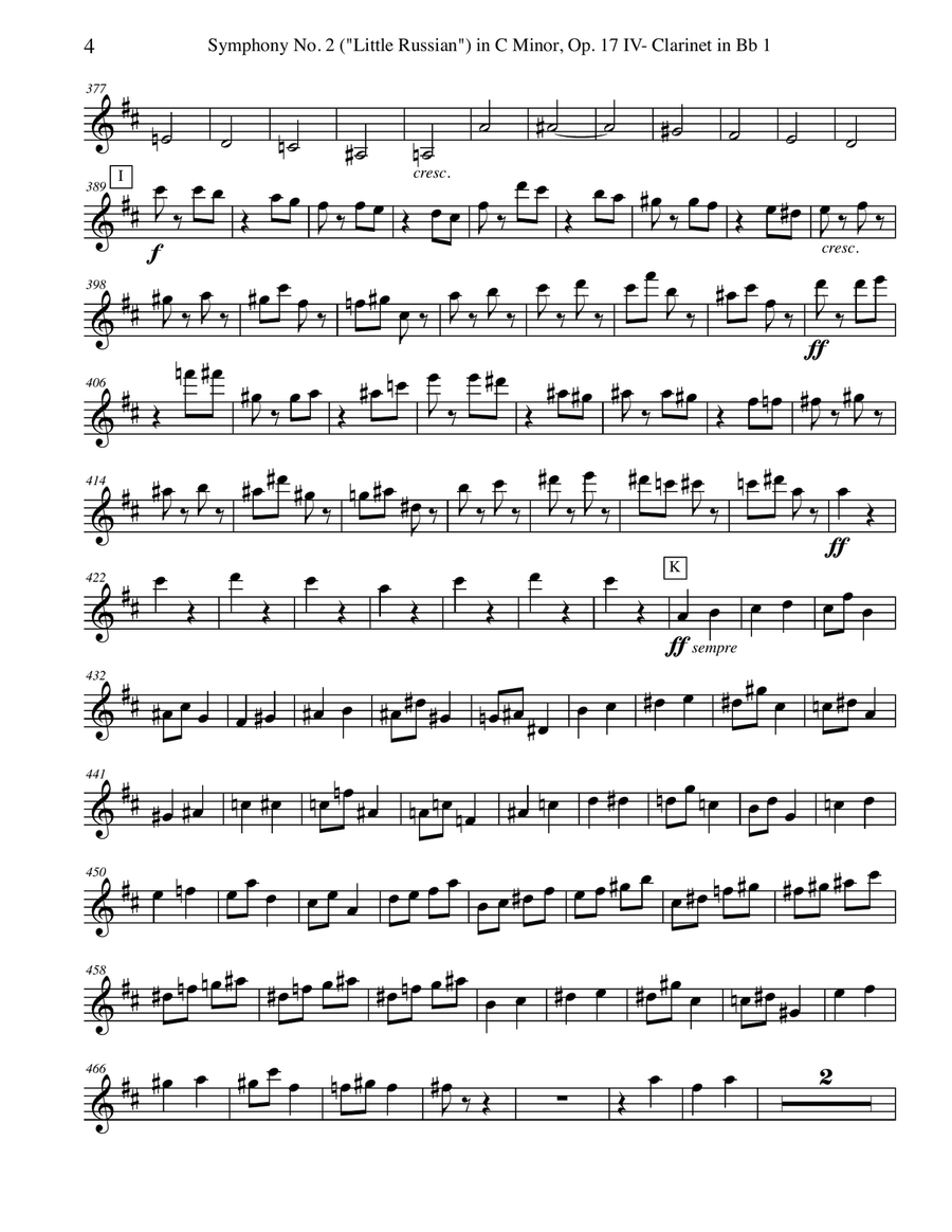 Tchaikovsky Symphony No. 2, Movement IV - Clarinet in Bb 1 (Transposed Part), Op. 17