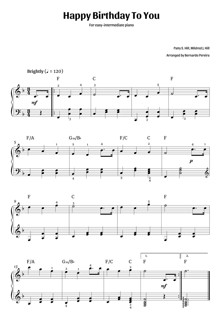 Happy Birthday To You (easy-intermediate piano – F major) Piano Solo scores gallery preview page 1