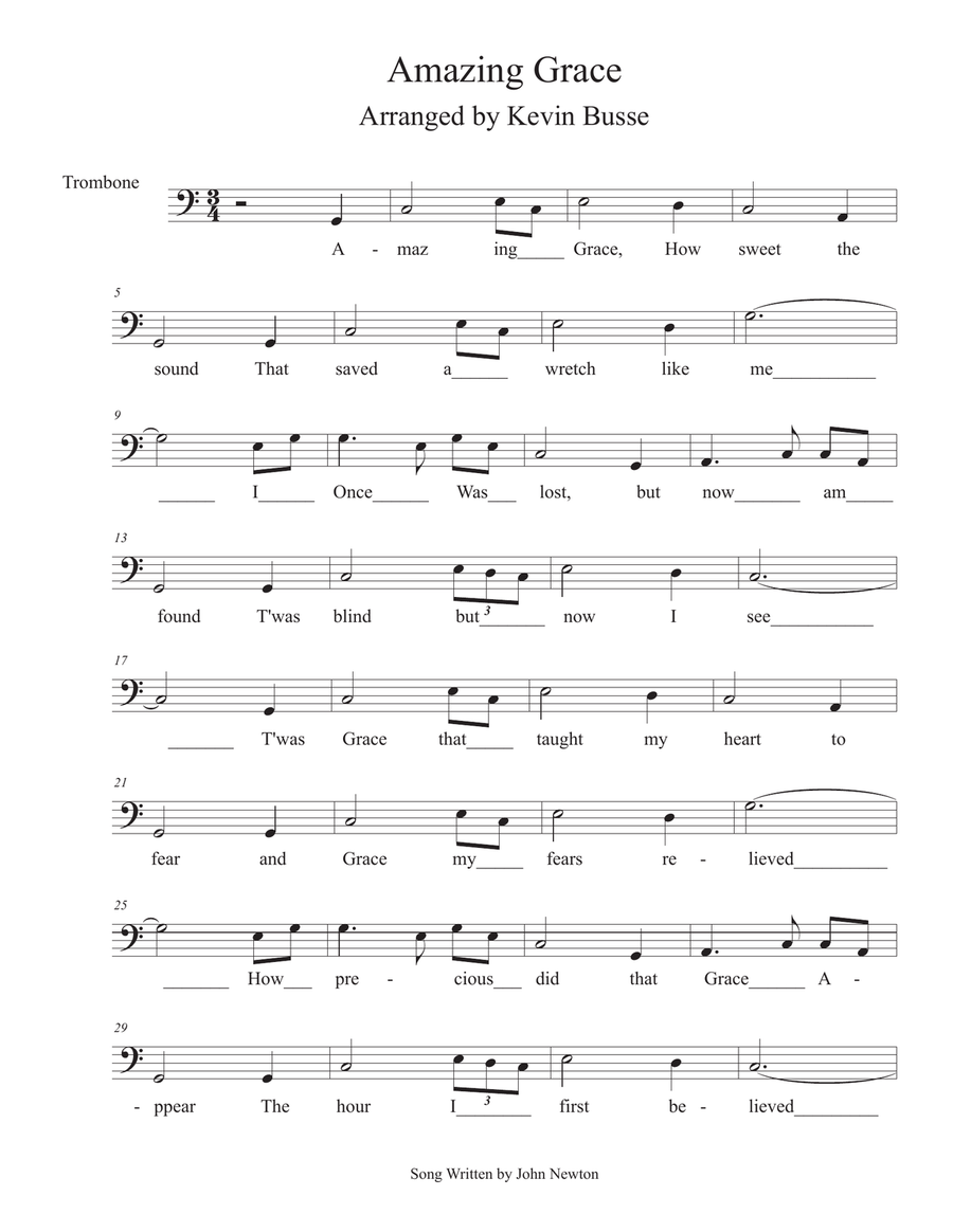 Amazing Grace - (In the easy key of C) - Trombone Trombone Solo scores gallery preview page 1