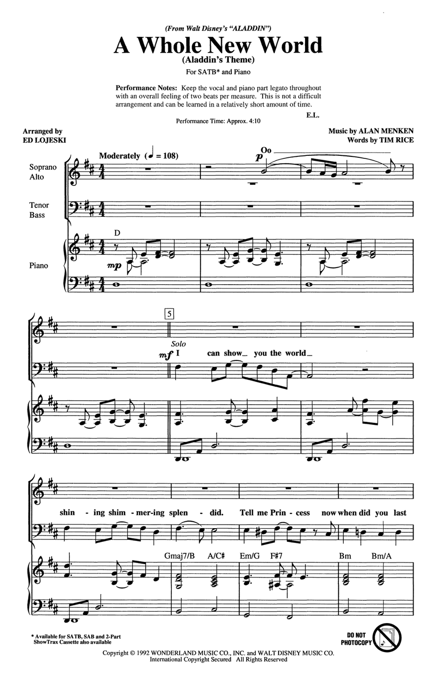 Book cover for A Whole New World (Aladdin's Theme) (from Aladdin) (arr. Ed Lojeski)