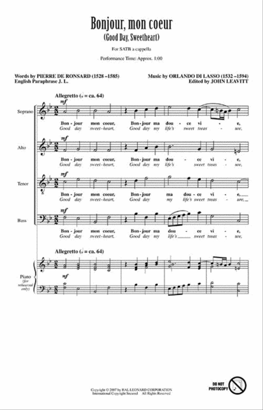 Bonjour, mon coeur (Good Day, Sweetheart) 4-Part scores gallery preview page 2