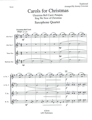 Book cover for Carols for Christmas a Medley for Saxophone Quartet (SATB or AATB)