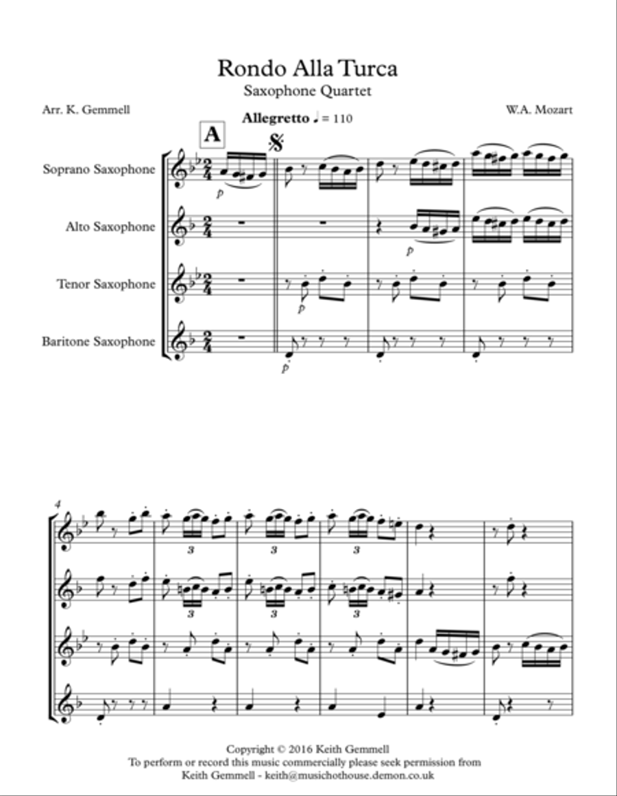 Rondo Alla Turca: Saxophone Quartet Saxophone Quartet scores gallery preview page 1