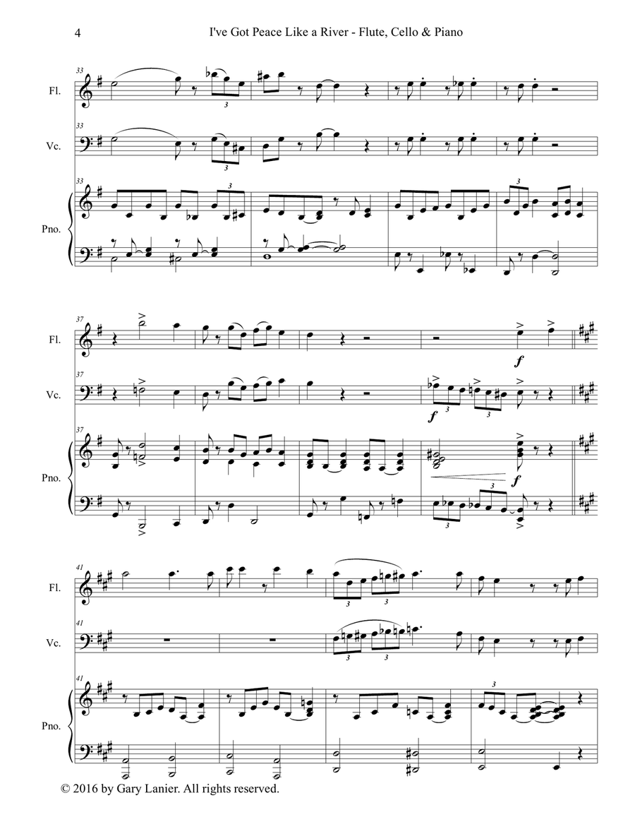 Gary Lanier: I'VE GOT PEACE LIKE A RIVER (Trio – Flute, Cello & Piano with Parts) Small Ensemble scores gallery preview page 5
