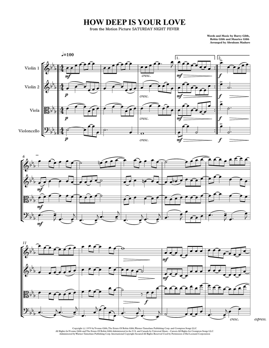 How Deep Is Your Love from the Motion Picture SATURDAY NIGHT FEVER String Quartet scores gallery preview page 1