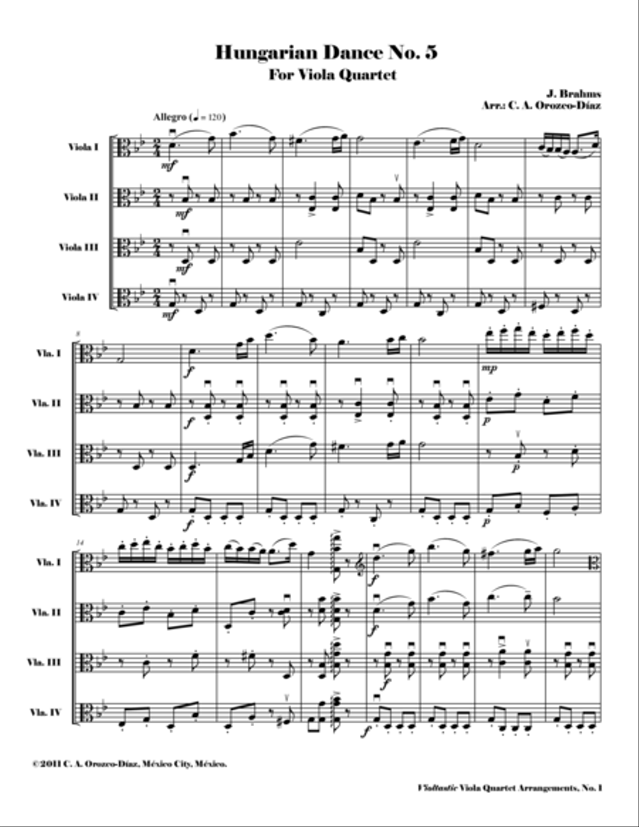 Hungarian Dance No. 5 - for Viola Quartet (Score and Parts) Viola scores gallery preview page 1