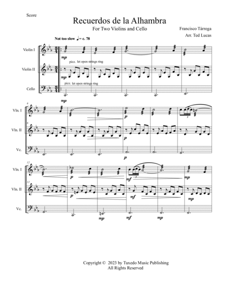 Recuerdos de la Alhambra, Score and Parts, String Trio for Two Violins and Cello image number null