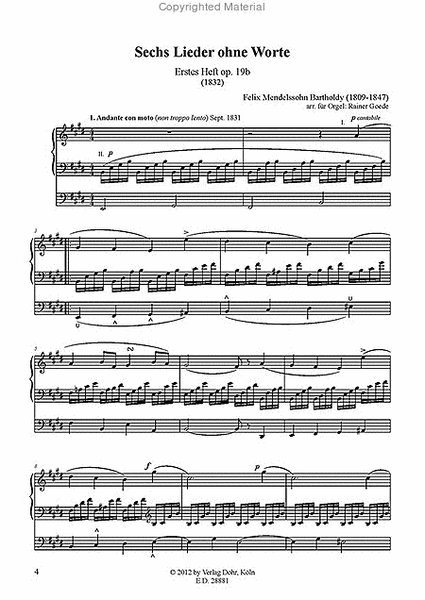 Lieder ohne Worte op. 19b -Erstes Heft- (für Orgel)