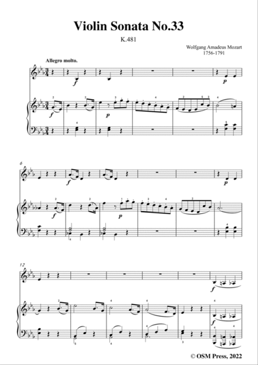 Mozart-Violin Sonata No.33,in E flat Major,K.481,for Violin&Piano Violin Solo scores gallery preview page 3