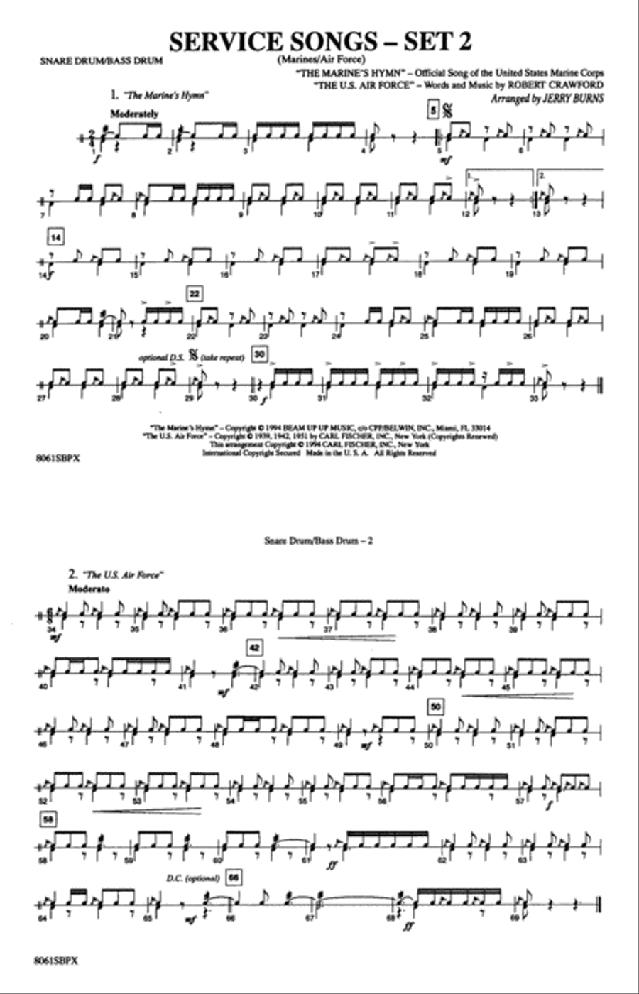 Service Songs - Set 2 (Marines/Air Force): Snare Drum/Bass Drum Marching Band scores gallery preview page 1