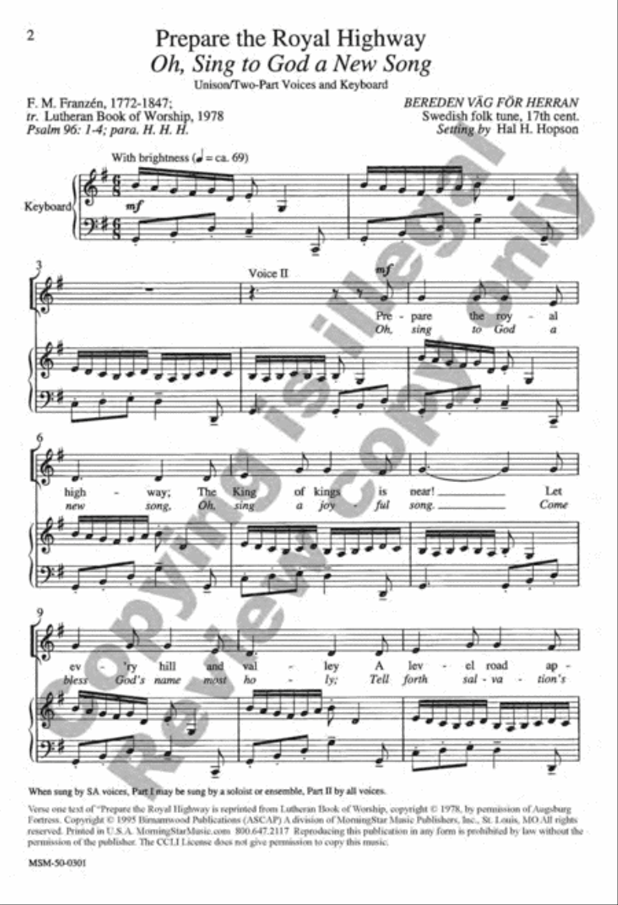 Prepare the Royal Highway Oh, Sing to God a New Song (alt. text) Unison Choir scores gallery preview page 2