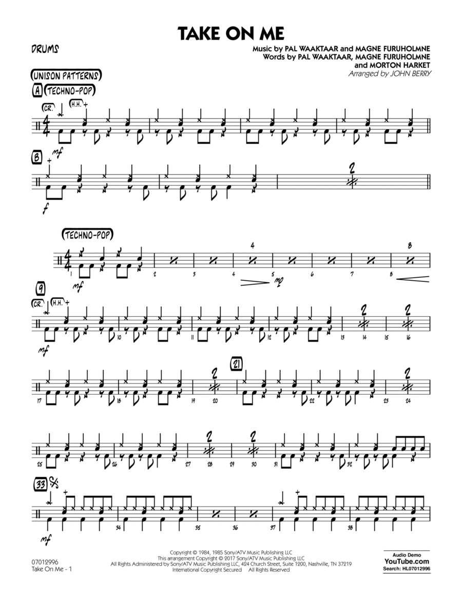 Take on Me - Drums Take on Me - Drums Drums scores gallery preview page 1