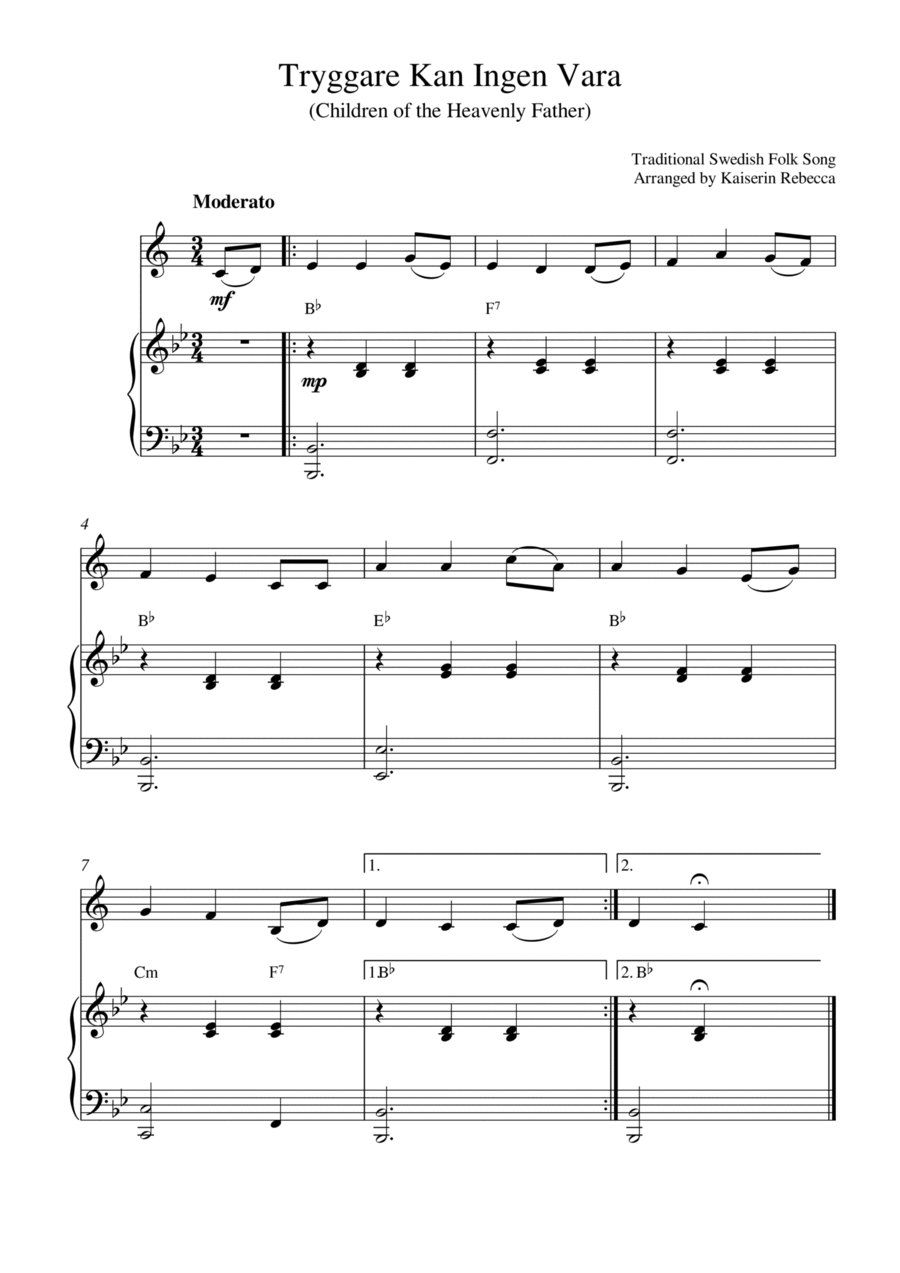 Tryggare Kan Ingen Vara (for Bb clarinet solo and piano accompaniment) B-Flat Clarinet scores gallery preview page 1