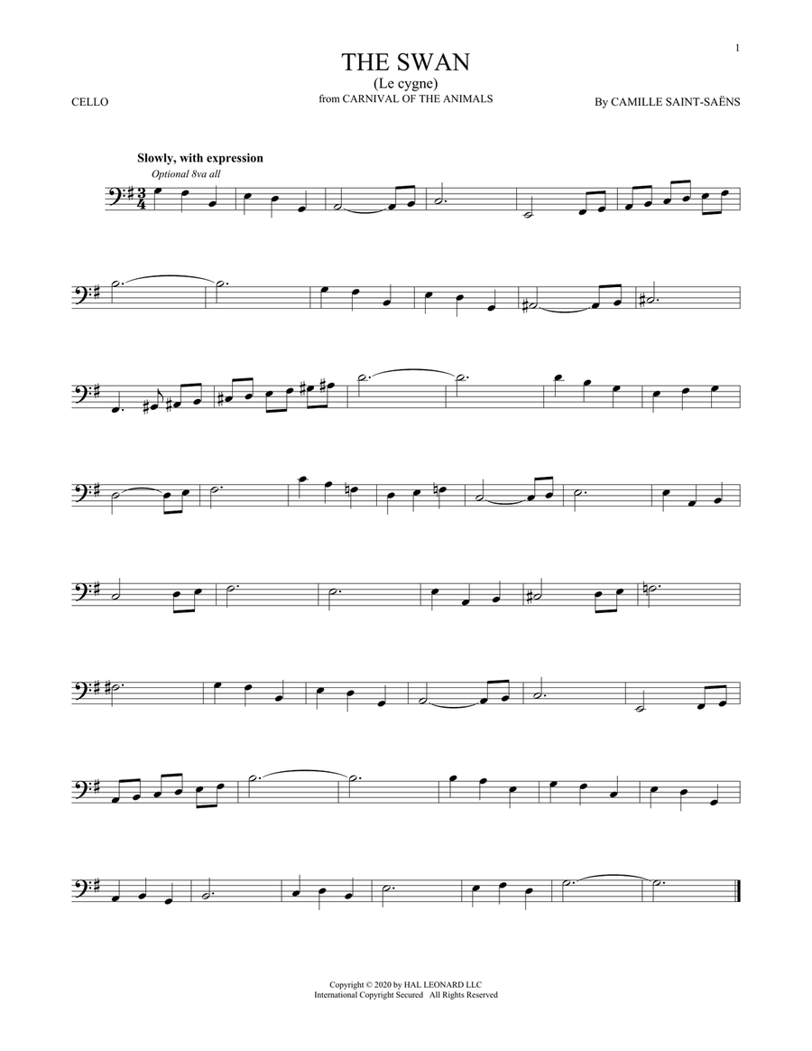 The Swan (Le Cygne) Cello Solo scores gallery preview page 1