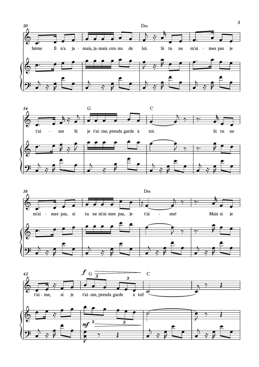 Habanera - Carmen for piano, chords and voice in C minor. Piano, Vocal scores gallery preview page 3