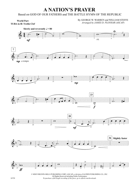 A Nation's Prayer (Based on "God of Our Fathers" and "The Battle Hymn of the Republic"): (wp) B-flat Tuba T.C. by William Steffe Concert Band - Digital Sheet Music