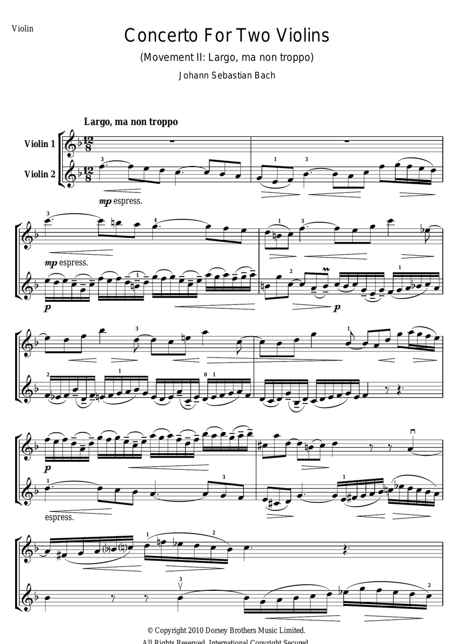 Concerto for Two Violins (2nd Movement: Largo ma non Troppo) Violin Solo scores gallery preview page 1