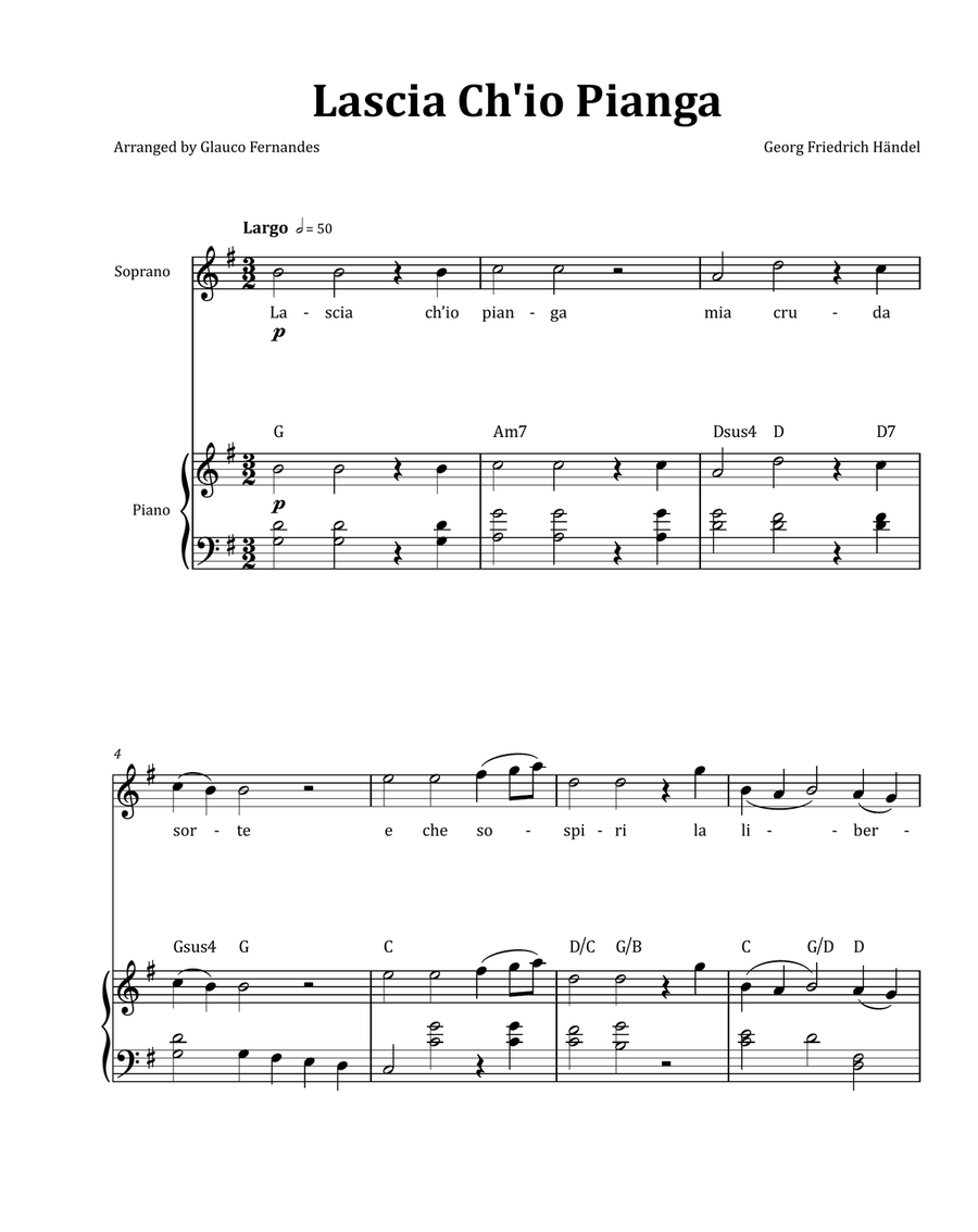 Lascia Ch'io Pianga by Händel - Soprano & Piano in G Major with Chord Notation Chamber Music scores gallery preview page 1