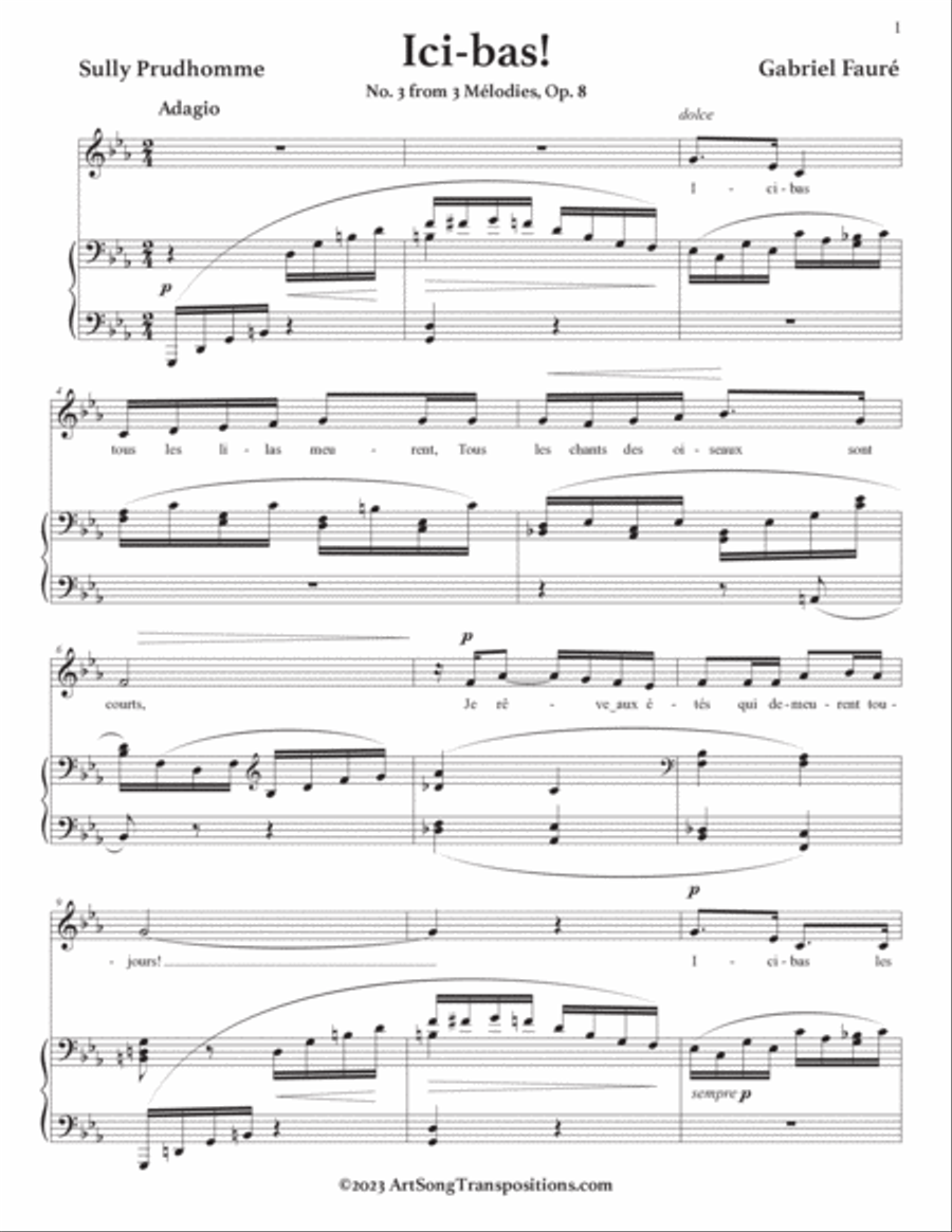 FAURÉ: Ici-bas! Op. 8 no. 3 (transposed to C minor, B minor, and B-flat minor) Voice scores gallery preview page 2
