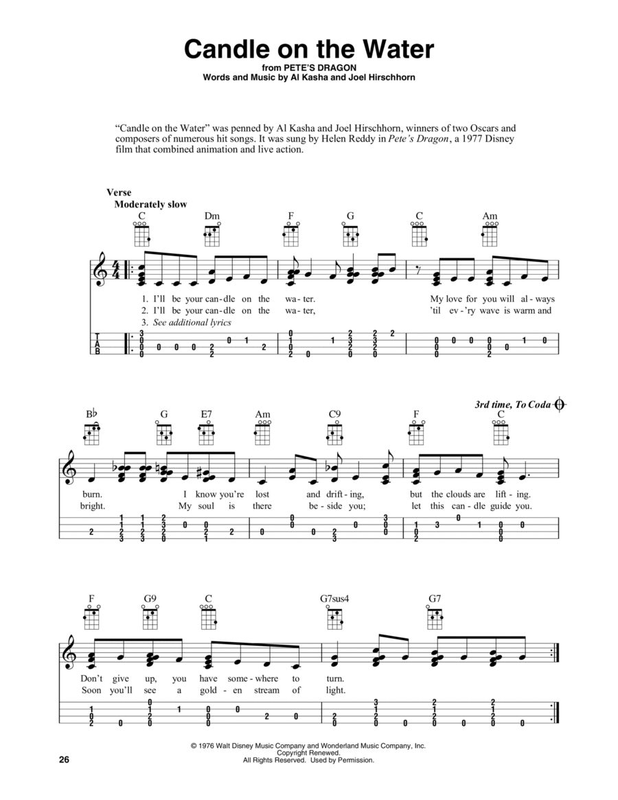 Candle On The Water (from Pete's Dragon) (arr. Fred Sokolow) Ukulele scores gallery preview page 1