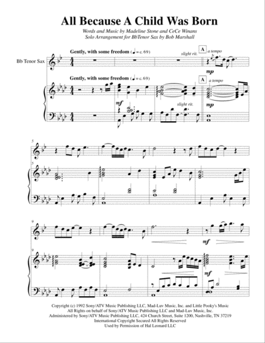 All Because A Child Was Born Tenor Saxophone scores gallery preview page 2