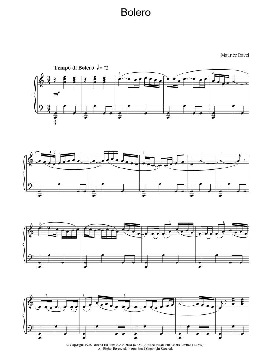 Ravel's Bolero Piano Solo scores gallery preview page 1